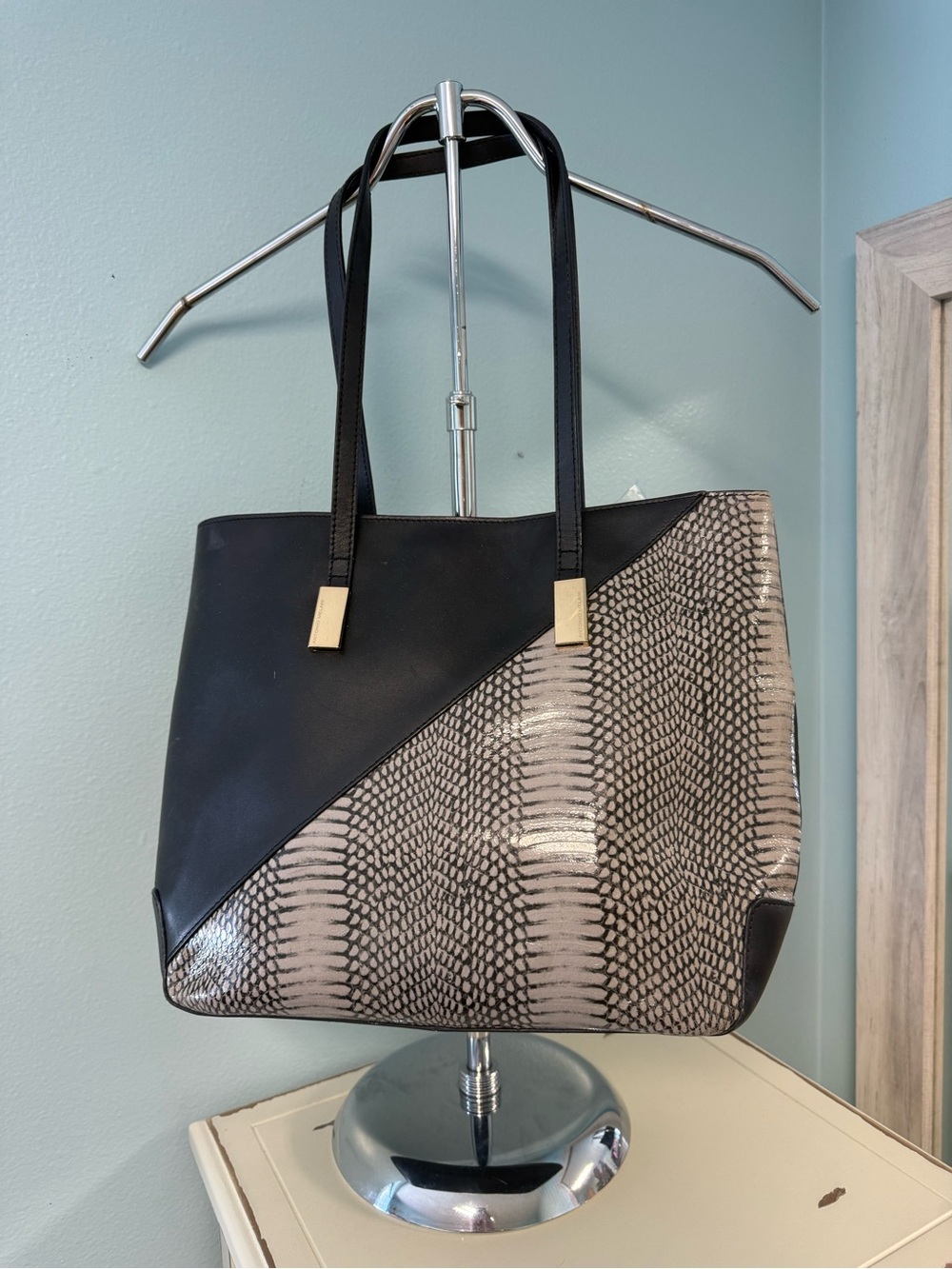 Antonio Melani Genuine Leather Snake Print Large Tote Bag Black